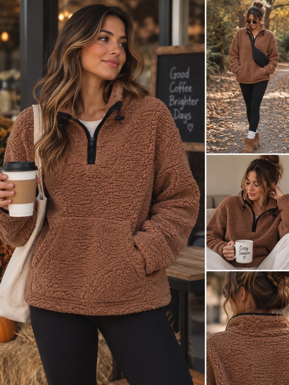 Fashion Nova Brown Teddy Half-Zip Pullover Jacket